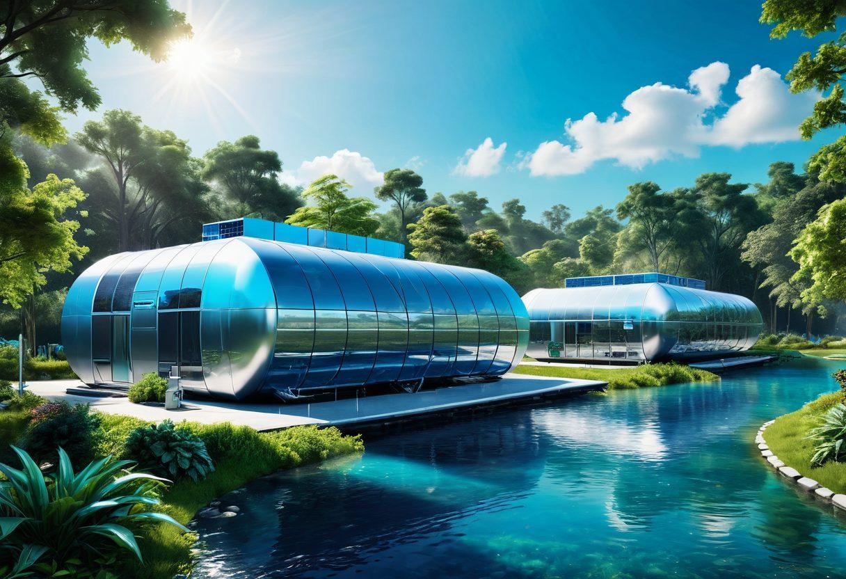 A futuristic factory setting showcasing advanced water purification systems utilizing eco-friendly technologies, surrounded by lush greenery and water-efficient landscapes. Include vibrant blue water flowing through innovative filtration units, workers in eco-conscious uniforms collaborating, and solar panels in the background. The atmosphere should convey progress and harmony with nature. super-realistic. vibrant colors. 3D.