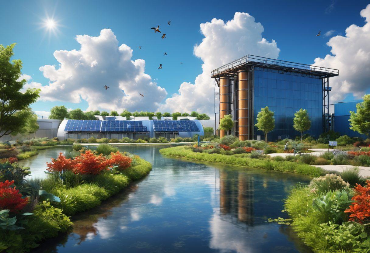 An industrial landscape featuring a modern water management facility with sustainable practices, lush greenery, and eco-friendly technology. Include water recycling systems and solar panels, surrounded by a blue sky with clouds and birds. Show workers collaborating in harmony with nature, highlighting innovation and sustainability. vibrant colors. super-realistic. eco-friendly style.